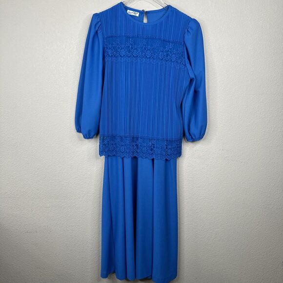 Vintage Women Blue Dress Medium Dynasty Pleated 80s‎ - Picture 1 of 13